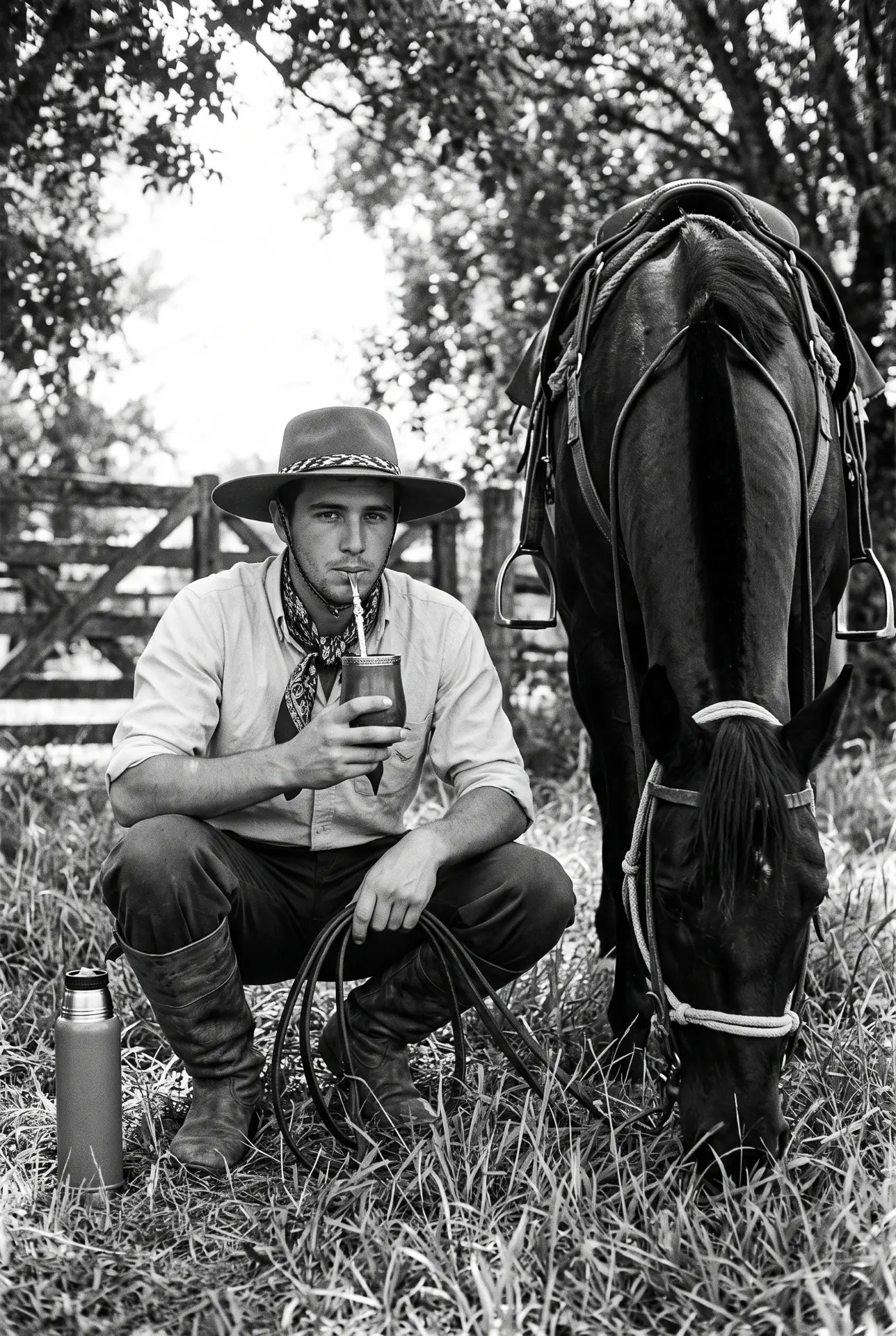 Gaúcho agachado tomando mate ao lado do cavalo, em fotografia preto e branco