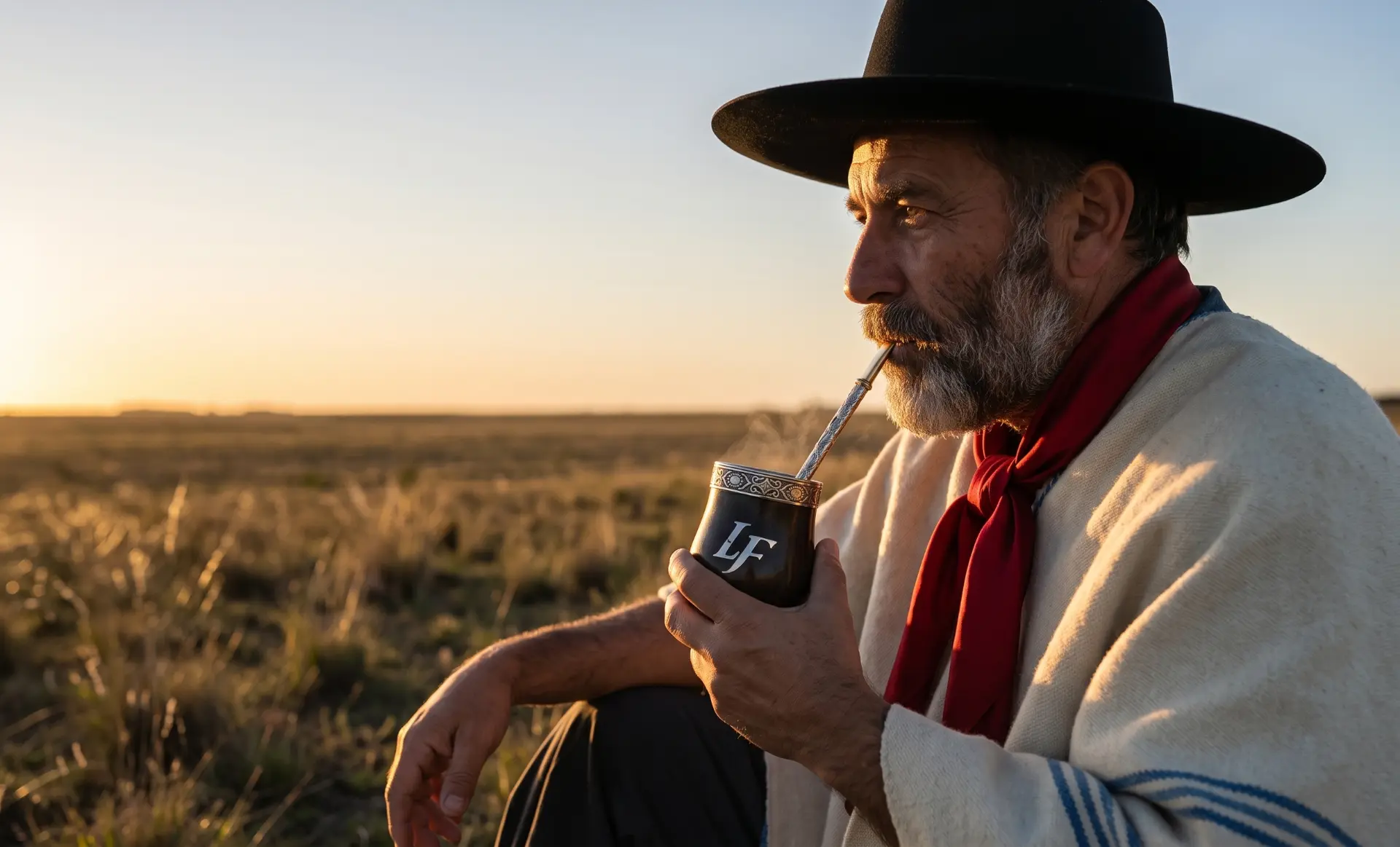 Gaúcho de pala e lenço tomando mate ao amanhecer no pampa, com cuia gravada com iniciais