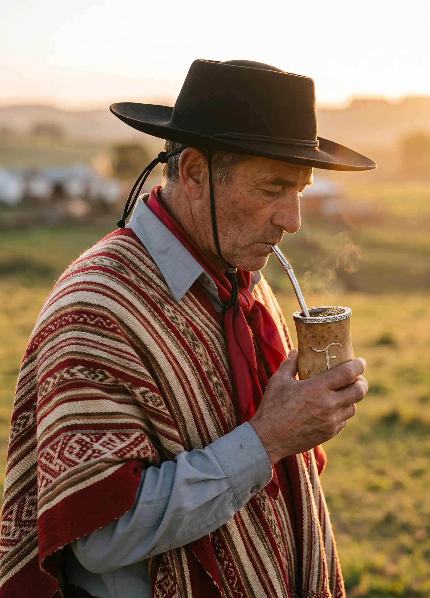 Gaúcho de poncho e chapéu tomando mate em cuia gravada, no campo ao entardecer