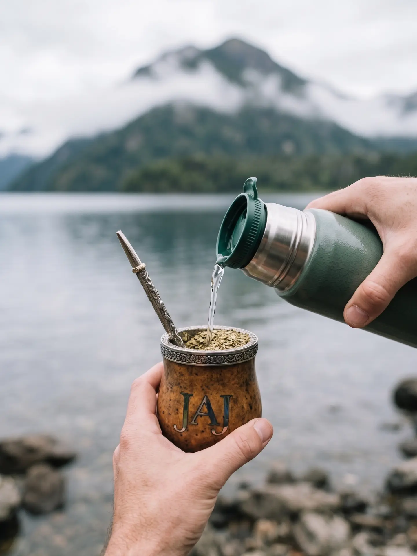 Água quente sendo servida em cuia gravada com as iniciais JAJ, diante de um lago e montanhas