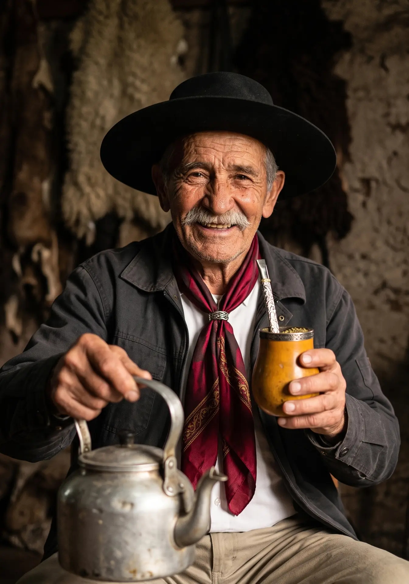 Senhor de chapéu servindo mate em cuia com bomba em Alpaca